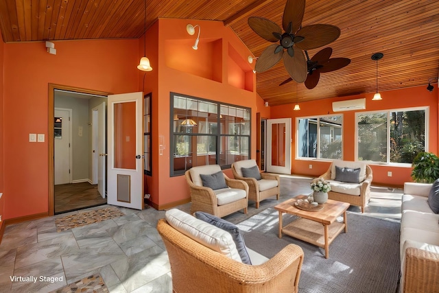 sunroom / solarium with lofted ceiling, wood ceiling, and a wall mounted air conditioner