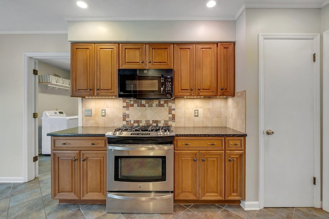 kitchen with tasteful backsplash, stainless steel range with gas cooktop, black microwave, and ornamental molding