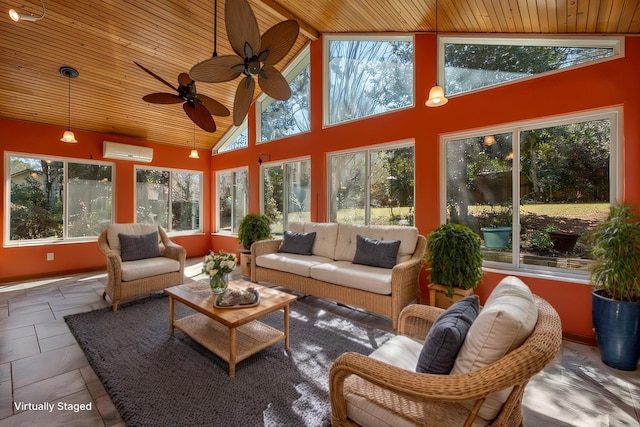 sunroom featuring a wall unit AC, wood ceiling, ceiling fan, and lofted ceiling