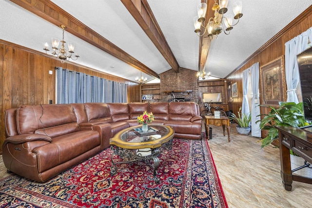 living room with wooden walls, vaulted ceiling with beams, ornamental molding, a textured ceiling, and a notable chandelier