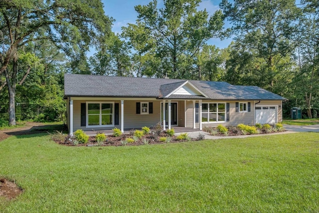 ranch-style home with a garage, a porch, and a front lawn