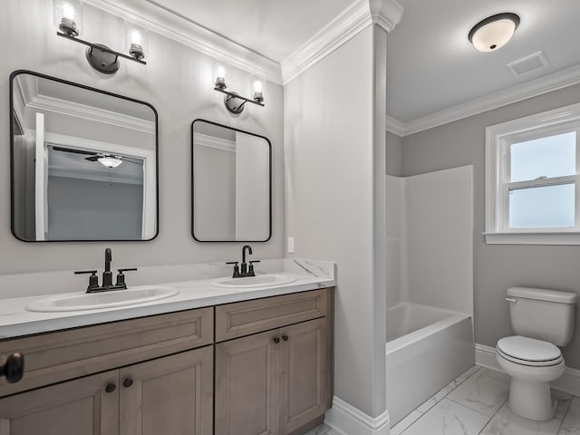 full bathroom featuring vanity, ornamental molding, toilet, and shower / bath combination