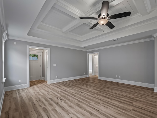 spare room featuring beamed ceiling, ornamental molding, coffered ceiling, ceiling fan, and light hardwood / wood-style flooring