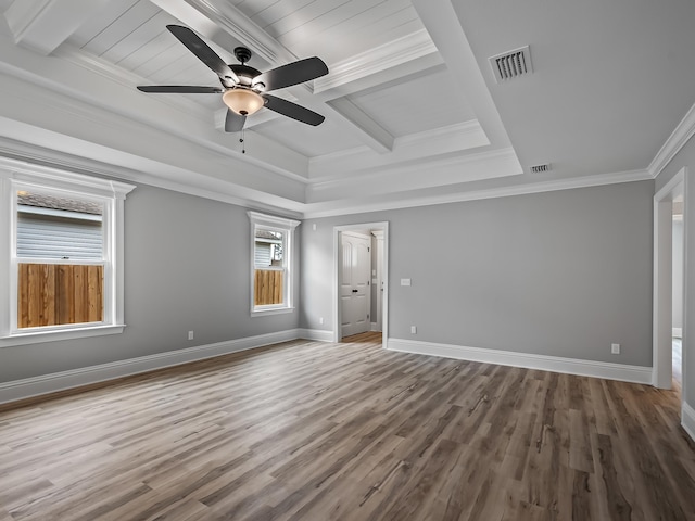 spare room with hardwood / wood-style flooring, ornamental molding, and beamed ceiling