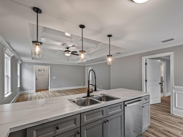 kitchen featuring coffered ceiling, sink, gray cabinetry, hanging light fixtures, and dishwasher