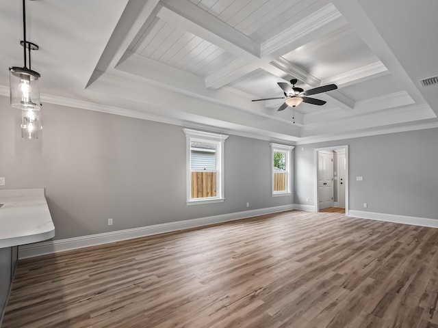 unfurnished living room with ceiling fan, hardwood / wood-style floors, beam ceiling, coffered ceiling, and ornamental molding