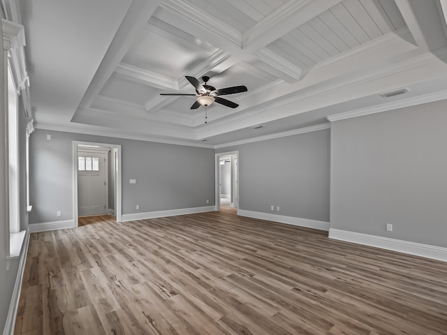 unfurnished room with ceiling fan, coffered ceiling, ornamental molding, light hardwood / wood-style floors, and beamed ceiling