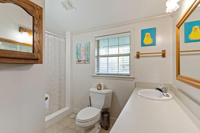 full bathroom with toilet, a shower with shower curtain, tile patterned flooring, and visible vents