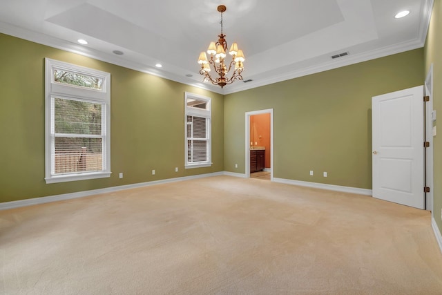 unfurnished room featuring a raised ceiling, ornamental molding, and light colored carpet