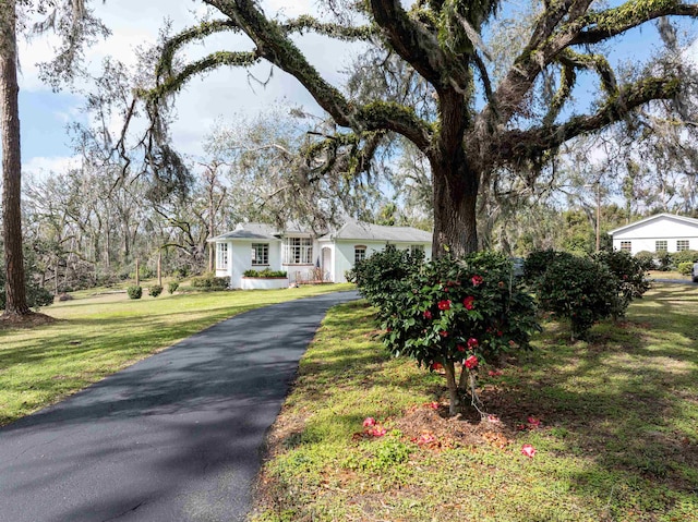 view of front of house featuring driveway and a front lawn