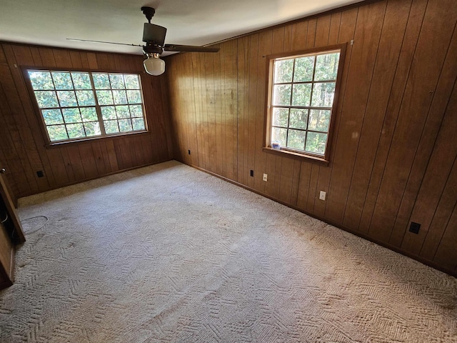 unfurnished room with light carpet, wooden walls, and a wealth of natural light