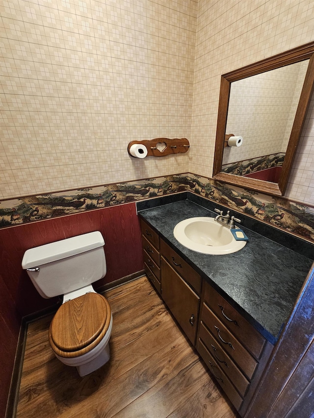 bathroom featuring toilet, wood finished floors, and vanity