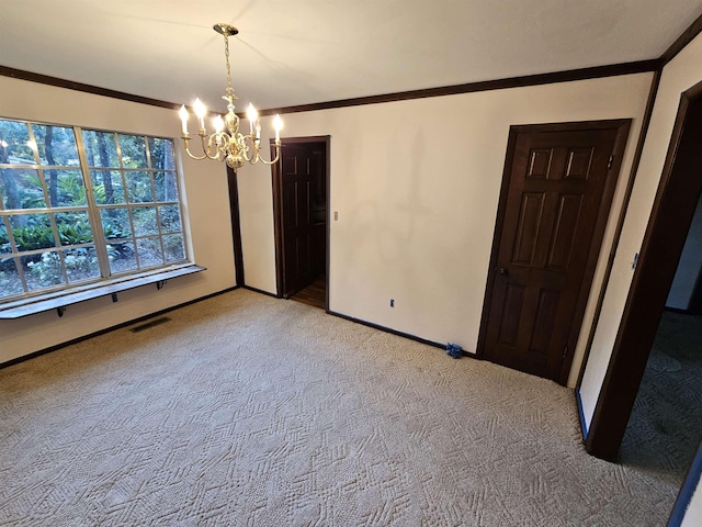 unfurnished room with light colored carpet, visible vents, crown molding, and an inviting chandelier