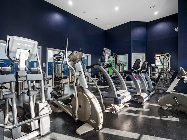 workout area with a high ceiling