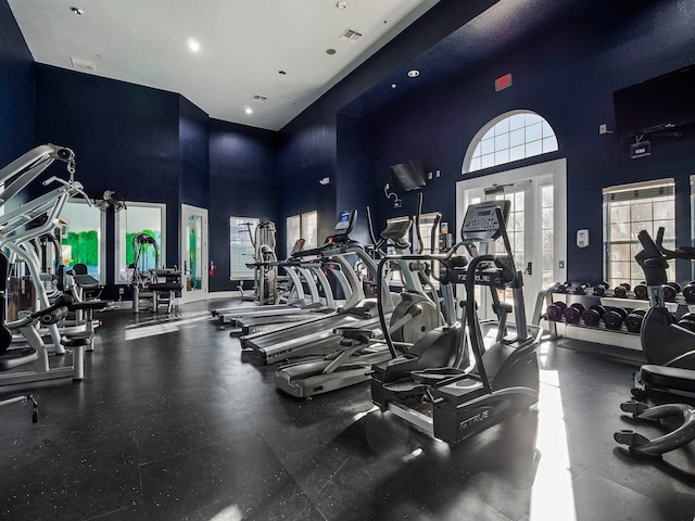 workout area with a towering ceiling