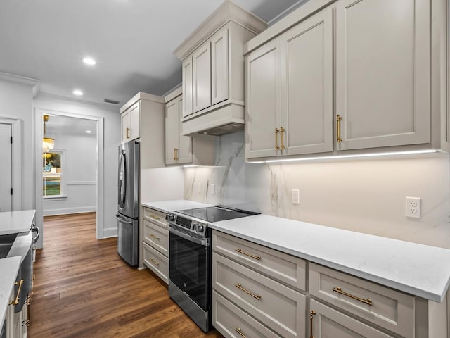 kitchen with gray cabinets, appliances with stainless steel finishes, decorative backsplash, dark hardwood / wood-style floors, and custom range hood