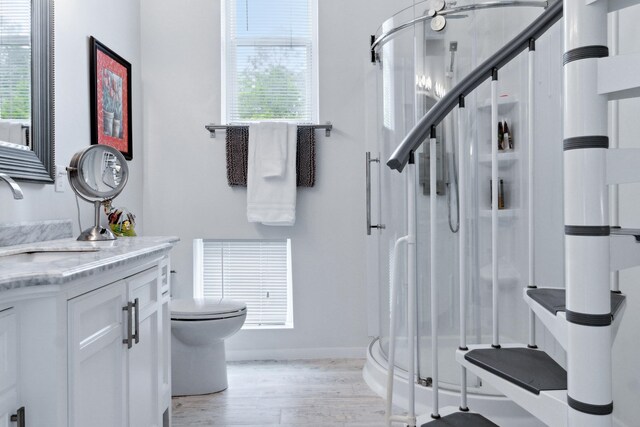 bathroom with walk in shower, hardwood / wood-style floors, vanity, and toilet