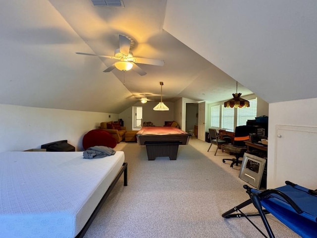 playroom featuring lofted ceiling, billiards, a ceiling fan, and light carpet