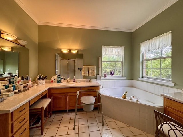 full bath with vanity, a bath, tile patterned floors, a stall shower, and ornamental molding