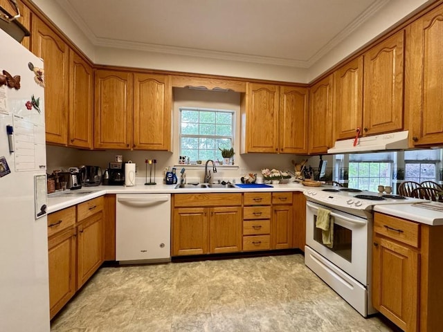 kitchen with a sink, brown cabinets, under cabinet range hood, crown molding, and white appliances