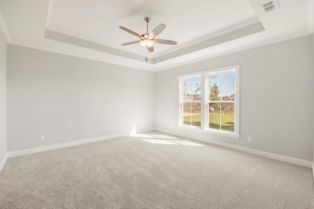 spare room with a tray ceiling, ceiling fan, and crown molding