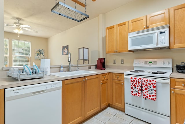 3400 Old Bainbridge Rd Unit 108, Tallahassee, FL 32303 - kitchen featuring white appliances, light tile patterned floors, ceiling fan, a sink, and light countertops