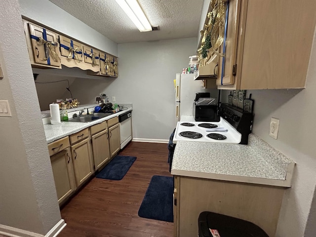 2230 Parrot Ln, Tallahassee, FL 32303 - kitchen featuring white dishwasher, a textured ceiling, a sink, dark wood-style floors, and electric range