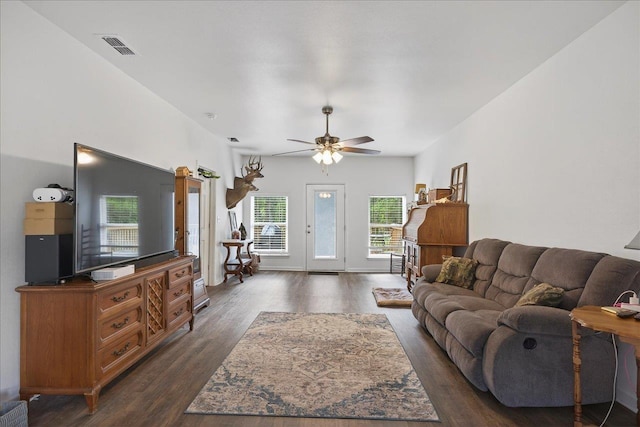 147 Hawk Ridge Dr, Havana, FL 32333 - living room featuring a ceiling fan and dark wood-style floors