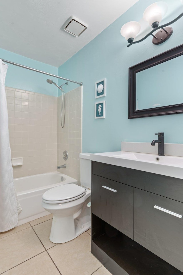 full bathroom with toilet, tile patterned flooring, shower / bathtub combination with curtain, and vanity