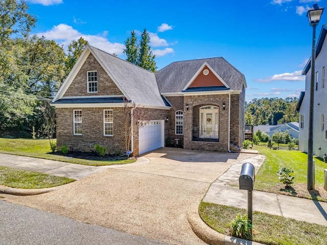 view of front facade with a garage, a front lawn, and covered porch