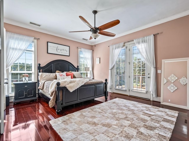 bedroom featuring dark wood-type flooring, ceiling fan, access to exterior, and crown molding