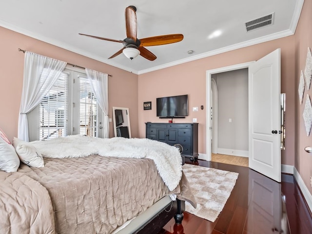 bedroom featuring ceiling fan, ornamental molding, access to exterior, and wood-type flooring