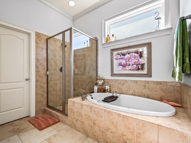 bathroom with shower with separate bathtub, tile patterned floors, and ornamental molding