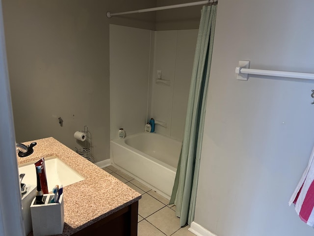 bathroom with tile patterned floors, vanity, and shower / bathtub combination with curtain