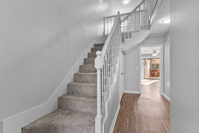 stairs featuring hardwood / wood-style flooring, ceiling fan, and a healthy amount of sunlight