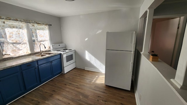 kitchen featuring sink, white appliances, blue cabinets, and dark hardwood / wood-style floors