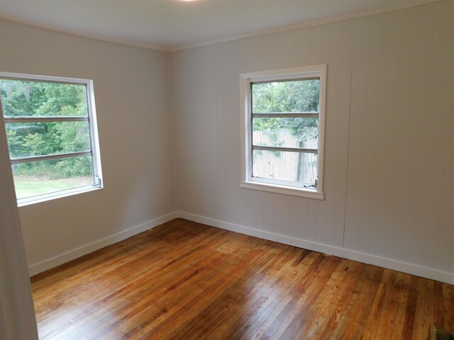 spare room with light wood-type flooring and crown molding