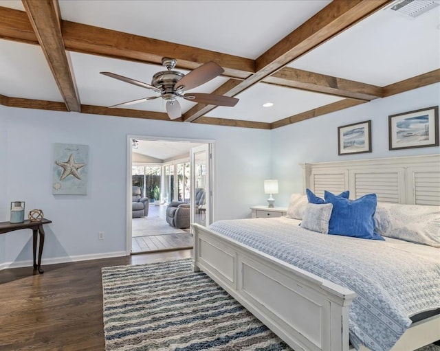 bedroom featuring beam ceiling, dark wood-style flooring, visible vents, and baseboards