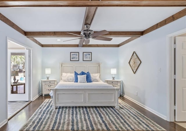 bedroom featuring beam ceiling, dark wood finished floors, baseboards, and ceiling fan