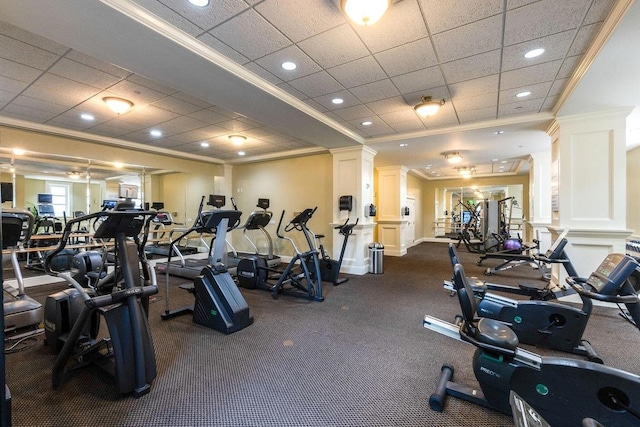 9500 Grand Sandestin Blvd Unit 2103, Walton Beaches, FL 32550 - workout area with ornate columns, a paneled ceiling, and ornamental molding