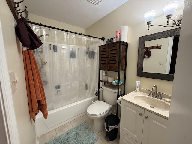 full bathroom with tile patterned flooring, vanity, toilet, and shower / tub combo with curtain