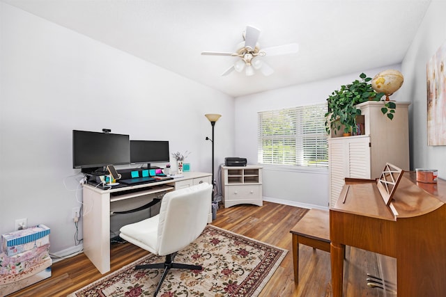 office area featuring wood-type flooring and ceiling fan