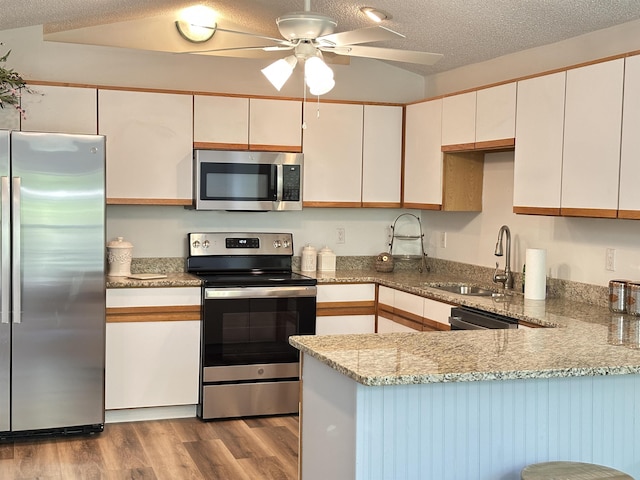 kitchen featuring a textured ceiling, ceiling fan, wood finished floors, stainless steel appliances, and a sink