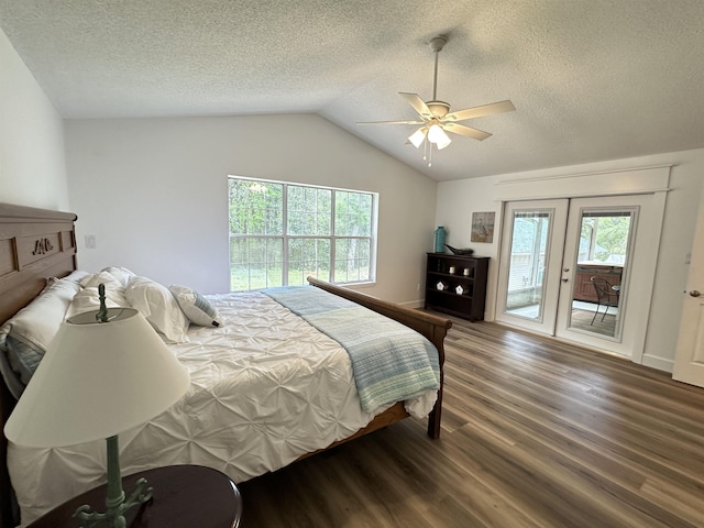 bedroom featuring lofted ceiling, access to outside, a textured ceiling, a ceiling fan, and wood finished floors