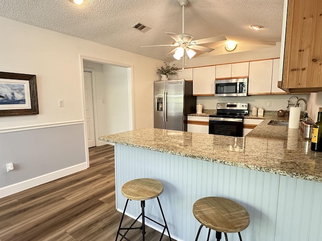 kitchen featuring a sink, appliances with stainless steel finishes, a peninsula, visible vents, and dark wood-style flooring