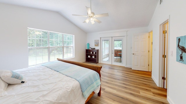 594 Green Oaks Rd, Havana, FL 32333 - bedroom featuring access to outside, vaulted ceiling, light wood-style floors, and ceiling fan