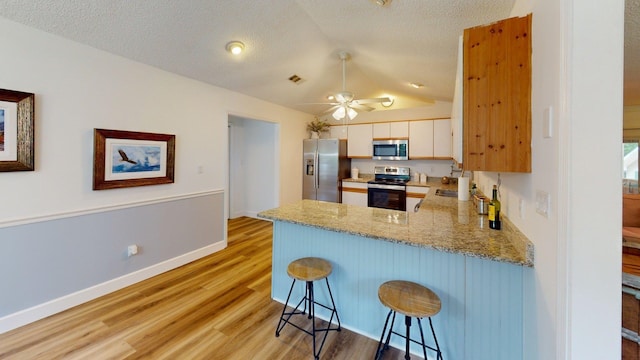 594 Green Oaks Rd, Havana, FL 32333 - kitchen with stainless steel appliances, a peninsula, vaulted ceiling, light wood-type flooring, and a breakfast bar