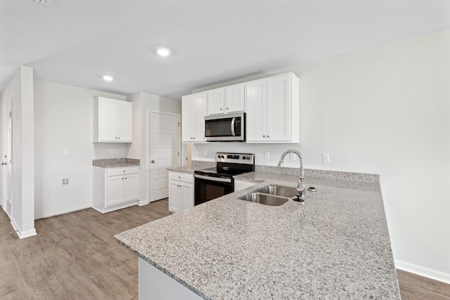 kitchen with sink, kitchen peninsula, appliances with stainless steel finishes, white cabinets, and light wood-type flooring