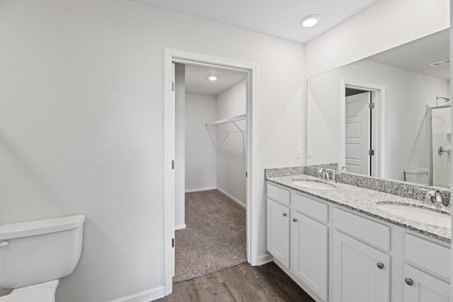 bathroom with vanity, toilet, and wood-type flooring