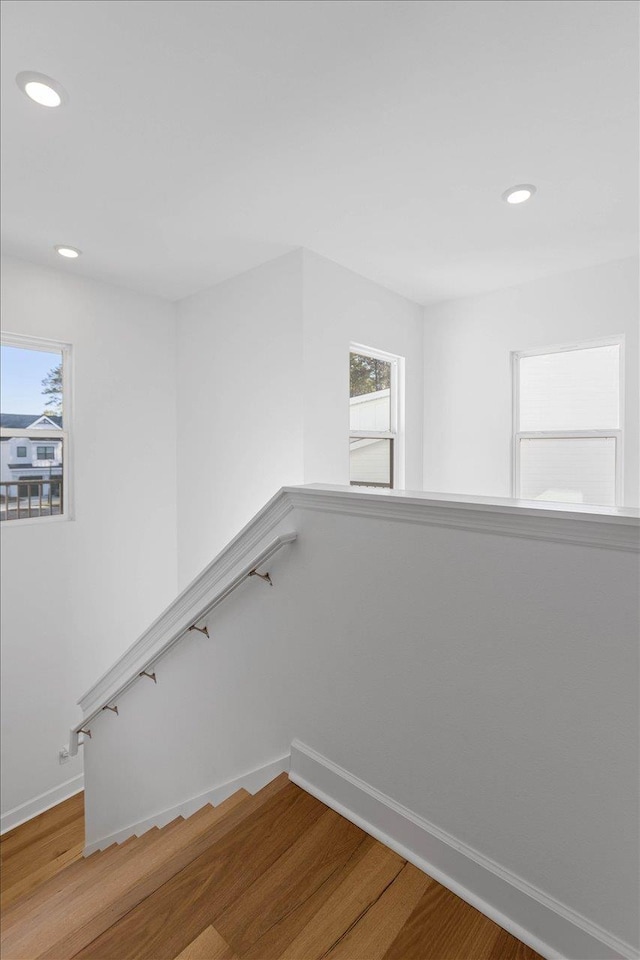 stairs featuring hardwood / wood-style flooring and a wealth of natural light